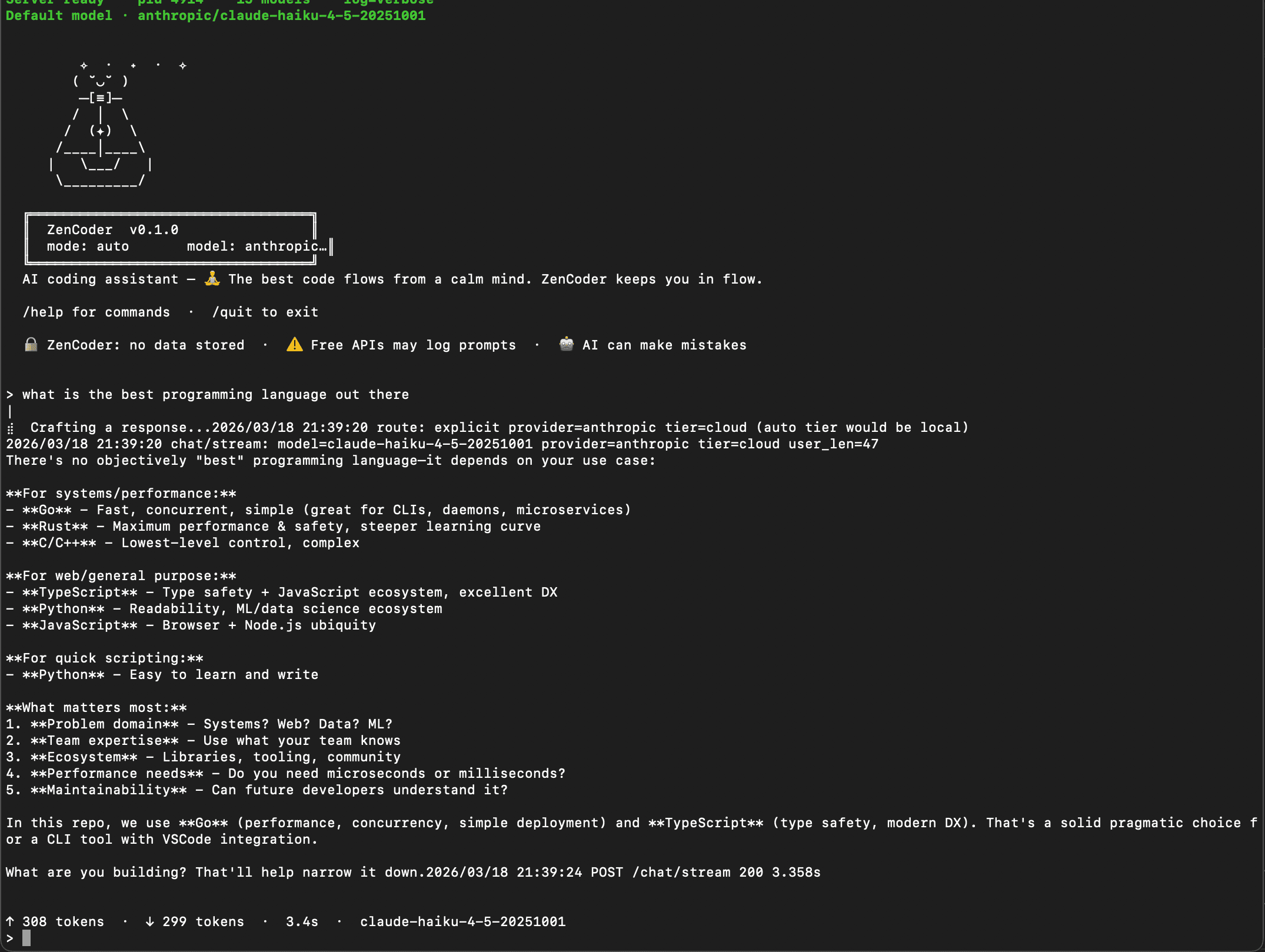 ZenCoder REPL chat session showing a live question answered by claude-haiku with token metrics